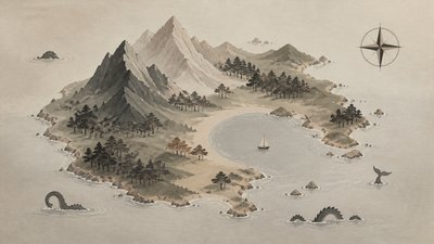 a map of an island realm with mountains, forests, a sheltered bay, sea monsters in the water and a compass rose, no text labels