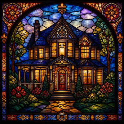 house with front view — Stained Glass Art Style