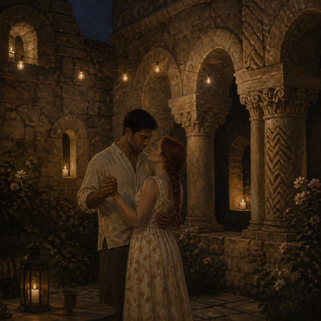 an original couple dancing under string lights in a garden at dusk: a man with short black hair in a linen shirt and a woman with braided red hair in a summer dress