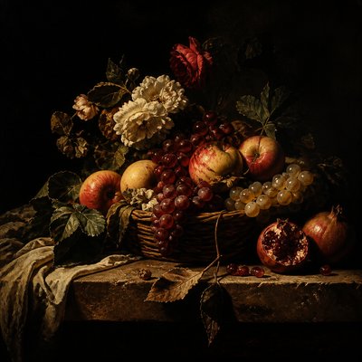 still life arrangement of fruits and flowers
