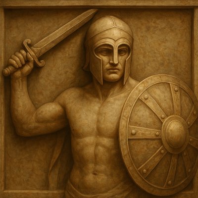 a statue of a man holding a sword and a shield