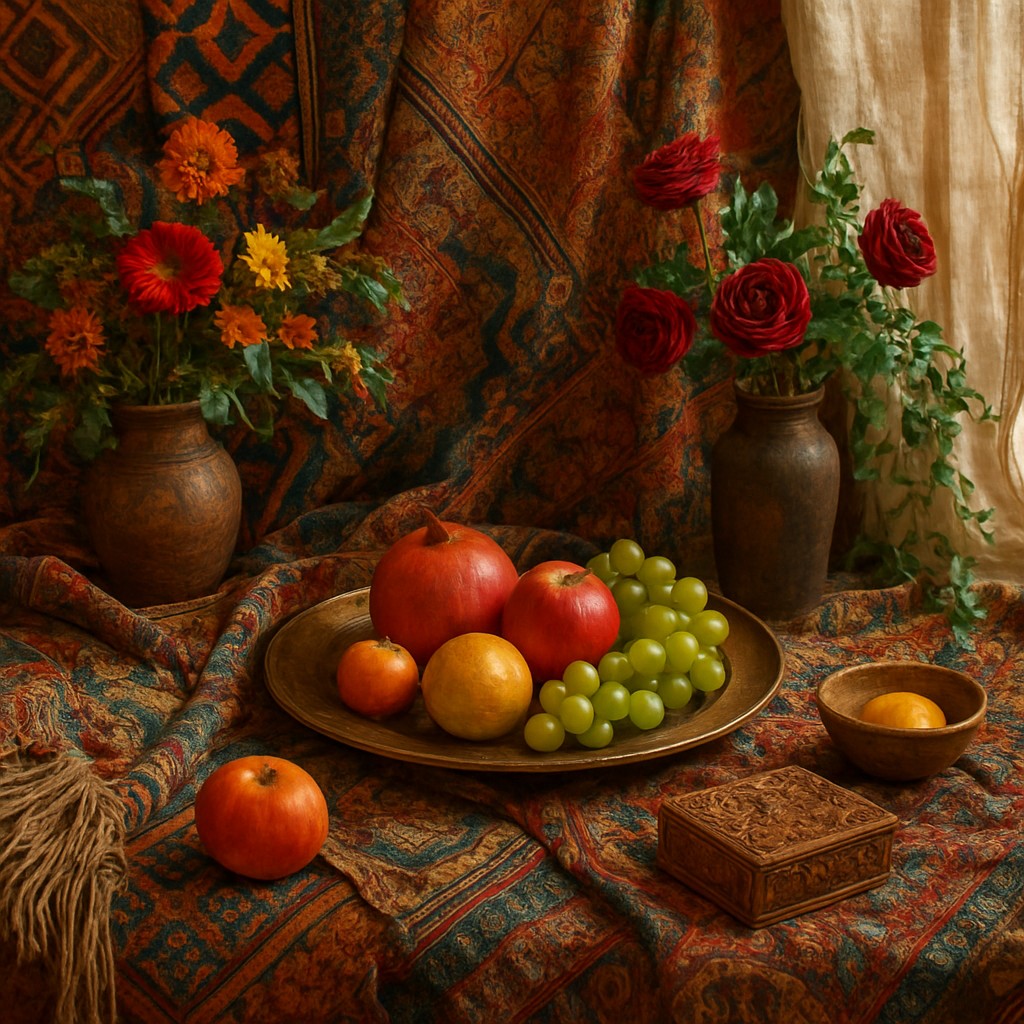 still life arrangement of fruits and flowers