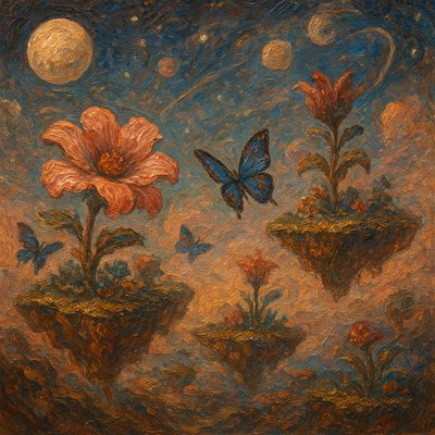  Floating islands with lush, fantastical flora
• Celestial skies filled with moons, stars, and planetary orbits
• Oversized flowers as emotional anchors or portals
• Butterflies as messengers, memory-keepers, or guides
• Dreamlike color palettes: soft pinks, deep blues, radiant whites
• Gravity-defying compositions and layered atmosphere
Using psychedelic art and impasto style art