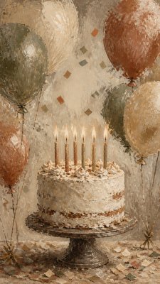 a birthday cake with lit candles surrounded by balloons and confetti, festive vertical composition, no text