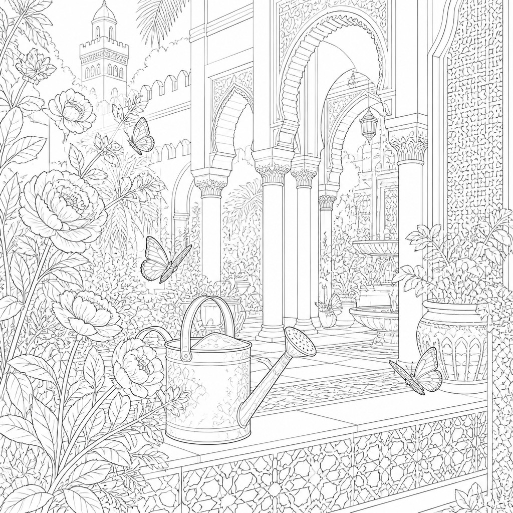 a garden scene with butterflies, flowers and a watering can, clean uncolored line art, no text