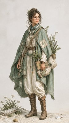 full-body original character: a wandering botanist with a satchel of plants, a patched green cloak, tall boots and round glasses, neutral background