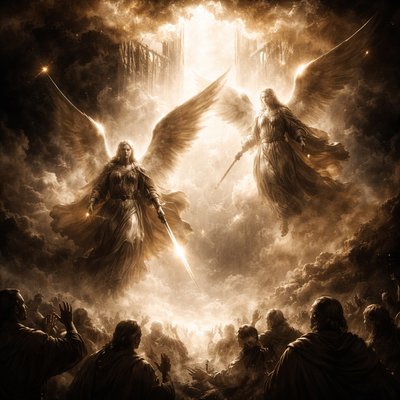 “Then the all-glorious, all-powerful, and true God, displayed his holy countenance, and opened the gates of heaven, from which two angels, dreadful of form, came down and were visible to all but the Jews.” (3 Maccabees 6:18, Brenton)
