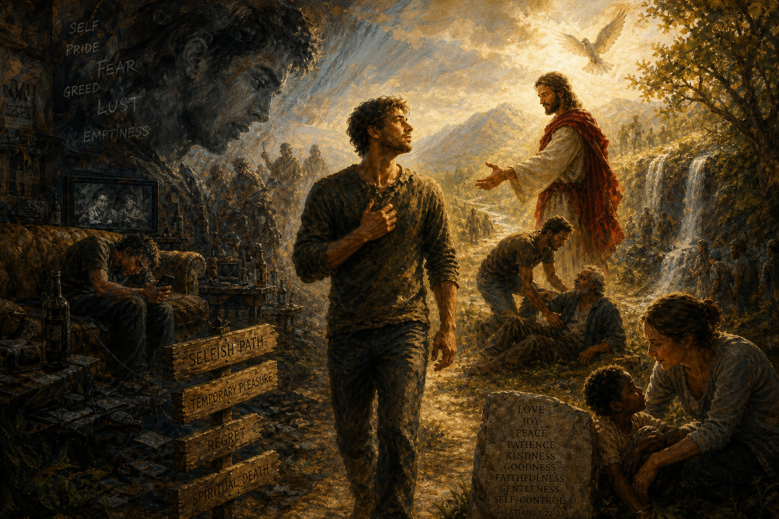 a painting of a man standing next to a group of people