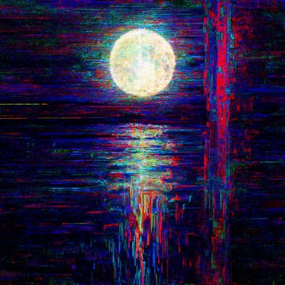 Start with a completely ordinary, even boring photograph of a full moon reflecting over a still lake.
Corrupt it until it no longer resembles its original subject at all, but still somehow feels like it’s haunted by what it used to be. Push the file through at least four different deliberate stages of destruction (e.g. heavy JPEG decay → databend in Audacity → pixel sorting by luminance → extreme RGB channel displacement and offset). Let compression artifacts bloom into impossible colors. Allow entire sections to liquefy and drip downward. Make the metadata scream. The final image should feel like a memory that’s been compressed, encrypted, lost, recovered, and compressed again for twenty years.