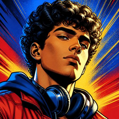 head-and-shoulders portrait of an original character: a young man with curly dark hair and headphones around his neck, plain backdrop, no text
