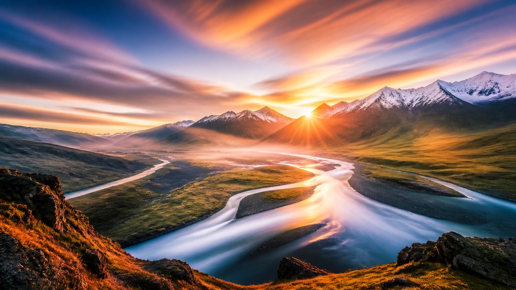 a vast valley with a river winding toward distant mountains at sunrise, no people, no text