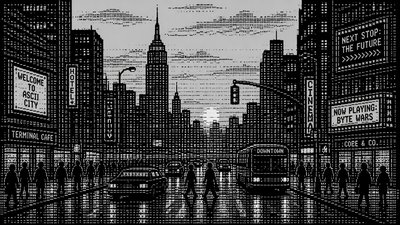 bustling city street panorama at dusk