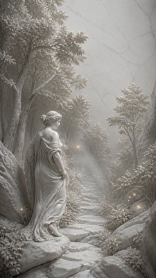 a mysterious forest path with fireflies and drifting mist, atmospheric vertical composition with open space at the top, no text