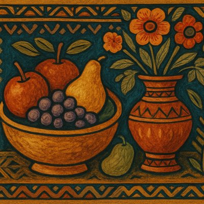 still life arrangement of fruits and flowers