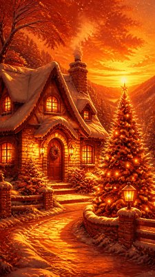 a snow-covered cottage with warm glowing windows beside a decorated pine tree, gentle snowfall, no text