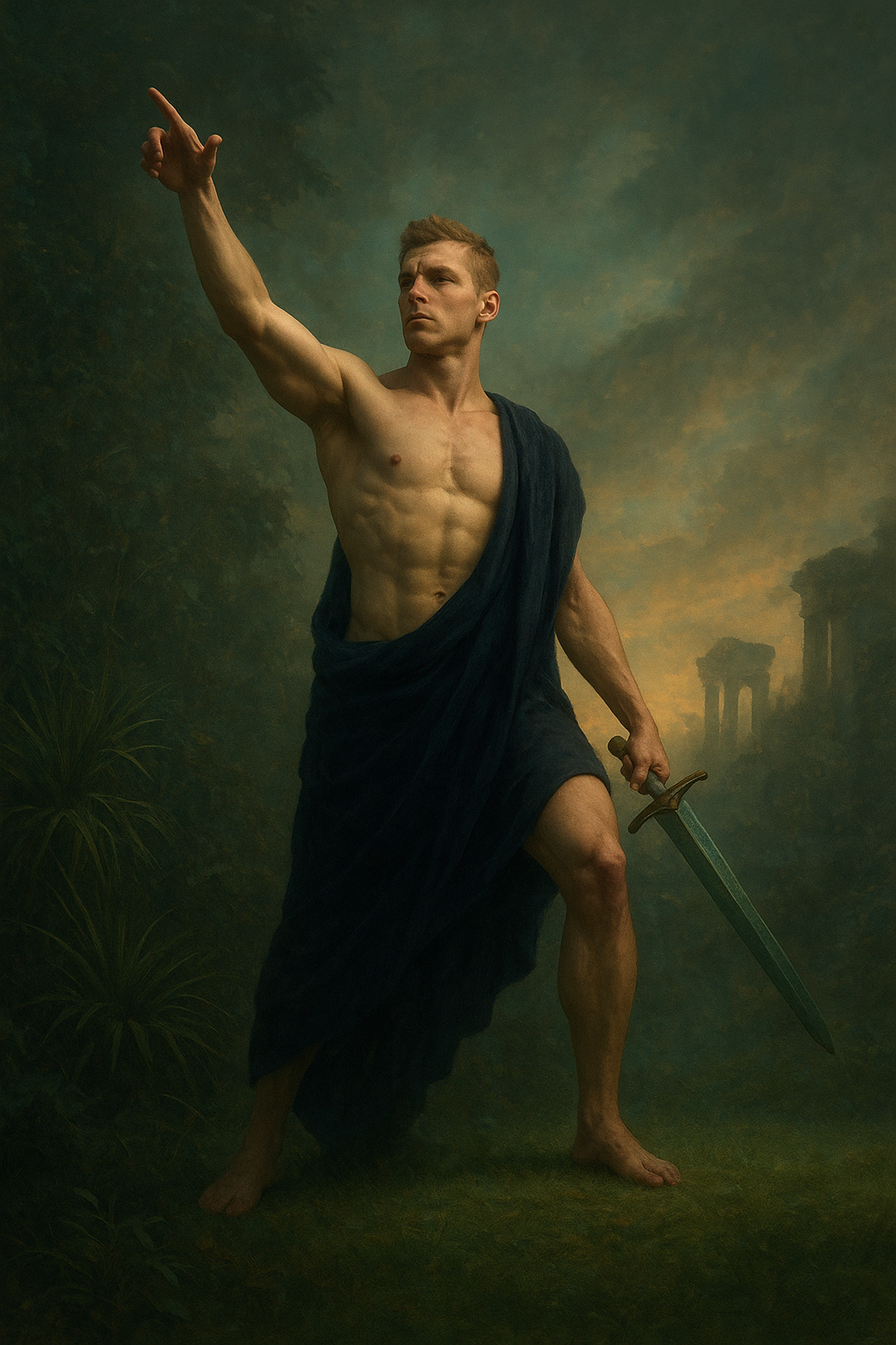 a painting of a man holding a sword