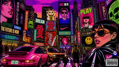 bustling city street panorama at dusk