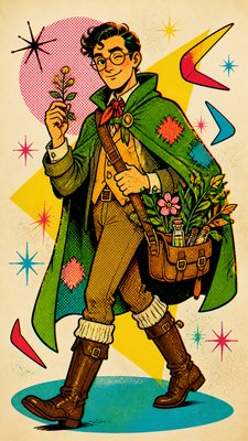 full-body original character: a wandering botanist with a satchel of plants, a patched green cloak, tall boots and round glasses, neutral background