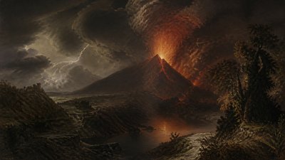 an erupting volcano with lightning strikes, dramatic wide composition, no text