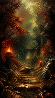 a mysterious forest path with fireflies and drifting mist, atmospheric vertical composition with open space at the top, no text