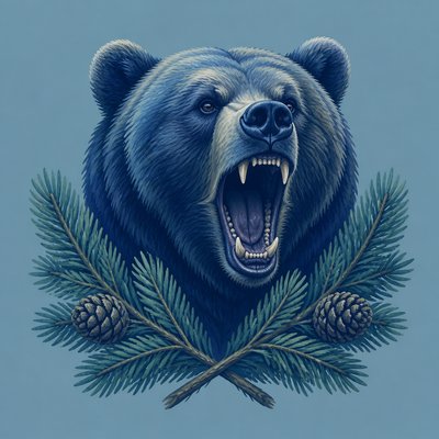 a roaring bear head above crossed pine branches, bold graphic composition on a plain background, no text