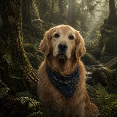 portrait of a golden retriever wearing a blue bandana, warm plain backdrop, no text
