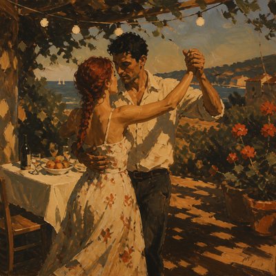 an original couple dancing under string lights in a garden at dusk: a man with short black hair in a linen shirt and a woman with braided red hair in a summer dress