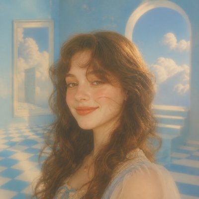 head-and-shoulders portrait of an original character: a young woman with wavy chestnut hair and a warm smile, plain soft backdrop