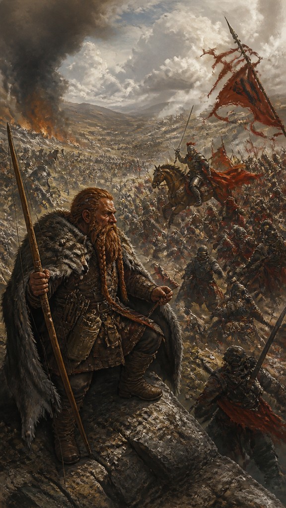 full-body original character: a dwarven ranger with a braided auburn beard, worn leather armor, a longbow and a wolf-pelt cloak, neutral background, no text