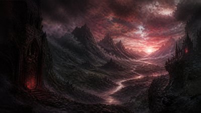 a vast valley with a river winding toward distant mountains at sunrise, no people, no text