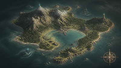 a map of an island realm with mountains, forests, a sheltered bay, sea monsters in the water and a compass rose, no text labels
