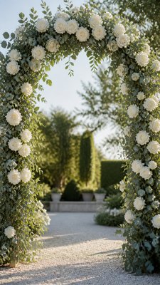 an arch of white roses and eucalyptus in soft morning light, elegant vertical composition with open space, no text