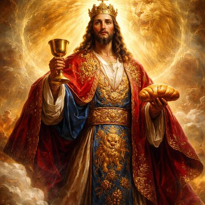 illustration depicting Jesus Christ as the true High Priest after the order of Melchizedek, fulfilling Hebrews 7:11.Standing prominently in radiant, warm golden light, Jesus dominates the foreground. He is clad in majestic, deep royal blue and your signature Tola scarlet priestly robes, heavily embroidered with intricate gold patterns of a roaring lion and flourishing grapevines. He does not wear the traditional Levitical (Aaron) high priestly garments. His expression is regal, compassionate, and powerful.A powerful, luminous golden aura shaped distinctly like a massive, roaring lion's head emanates from behind him, forming a spiritual halo that encompasses him. This symbolizes his dual role as King-Priest from the tribe of Judah. He holds up a golden chalice and a loaf of Unleavened bread, referring to Melchizedek's offering and the new covenant.