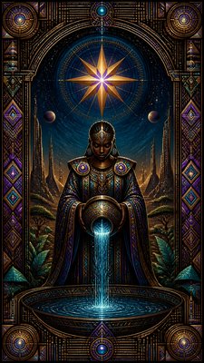 a robed figure pouring water beneath a large eight-pointed star in a night sky, symmetrical composition with an ornate decorative border, no text