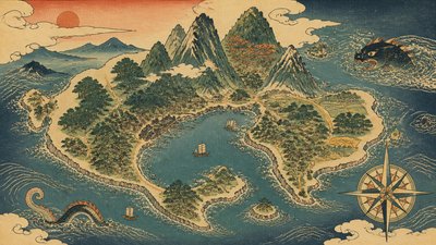 a map of an island realm with mountains, forests, a sheltered bay, sea monsters in the water and a compass rose, no text labels