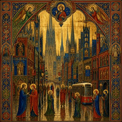 urban street with city activity — Gothic Religious Art