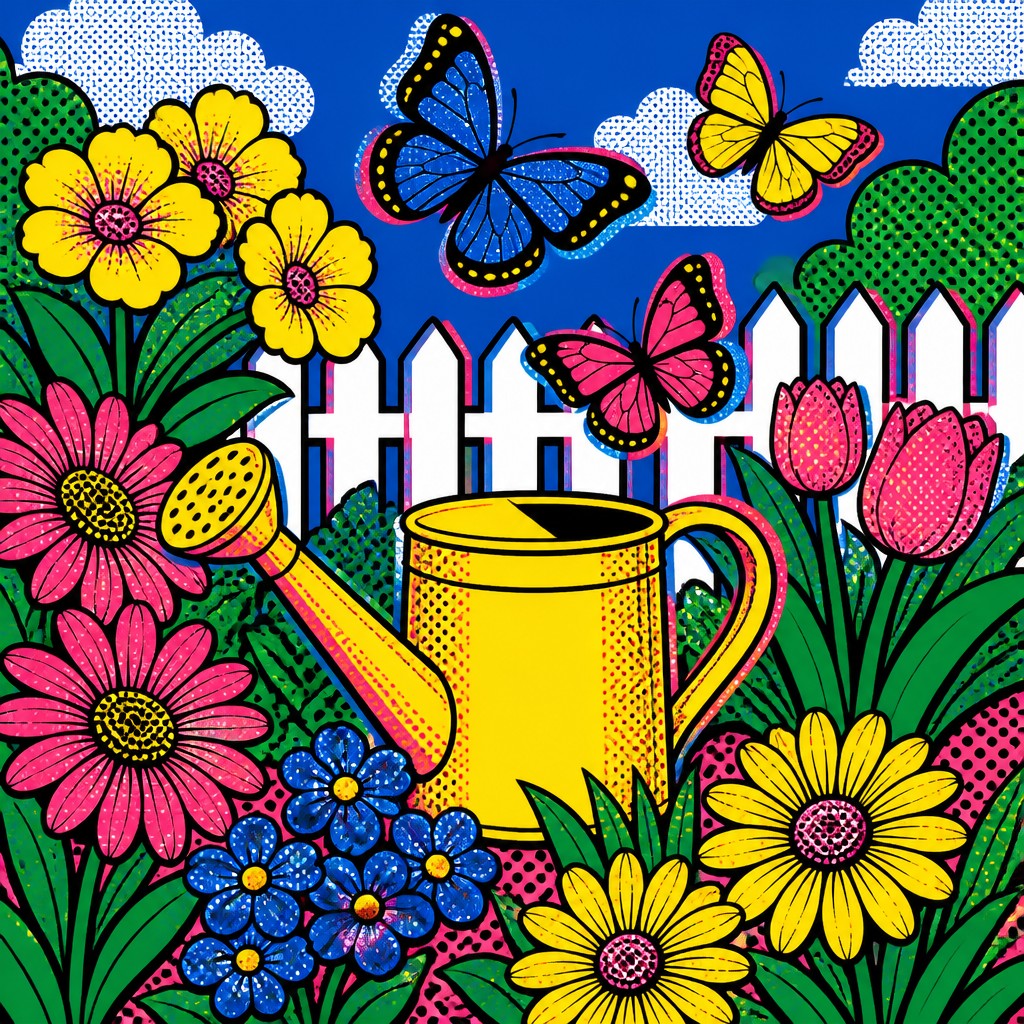 a garden scene with butterflies, flowers and a watering can, clean uncolored line art, no text