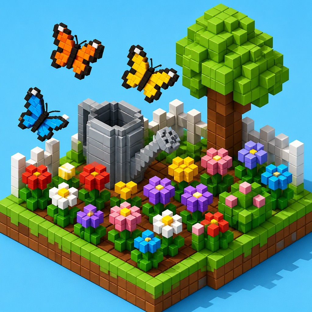 a garden scene with butterflies, flowers and a watering can, clean uncolored line art, no text