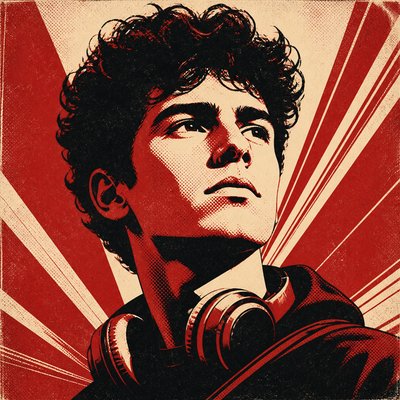 head-and-shoulders portrait of an original character: a young man with curly dark hair and headphones around his neck, plain backdrop, no text