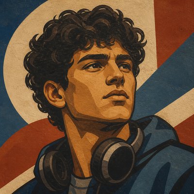 head-and-shoulders portrait of an original character: a young man with curly dark hair and headphones around his neck, plain backdrop, no text