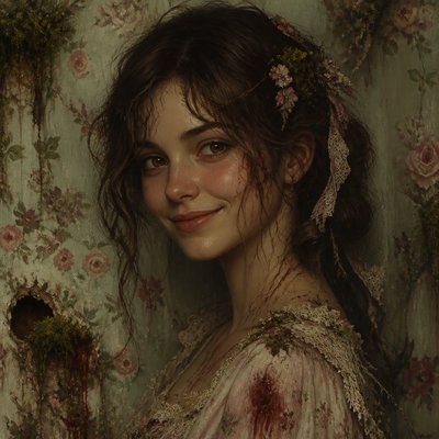 head-and-shoulders portrait of an original character: a young woman with wavy chestnut hair and a warm smile, plain soft backdrop