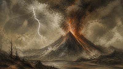 an erupting volcano with lightning strikes, dramatic wide composition, no text