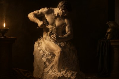 an ancient greek ignudi athlete sculpting himself out of a block of stone