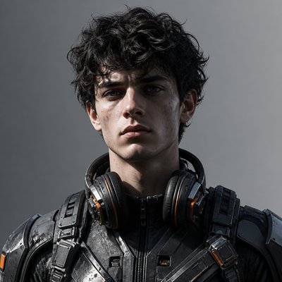 head-and-shoulders portrait of an original character: a young man with curly dark hair and headphones around his neck, plain backdrop, no text