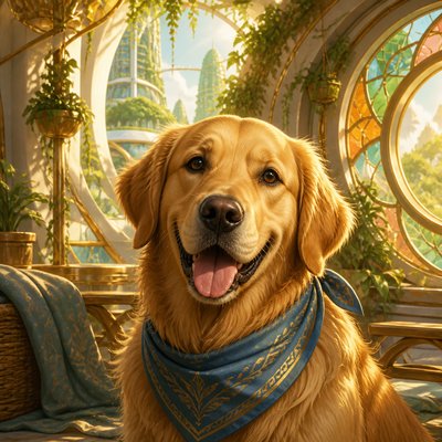portrait of a golden retriever wearing a blue bandana, warm plain backdrop, no text