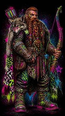 full-body original character: a dwarven ranger with a braided auburn beard, worn leather armor, a longbow and a wolf-pelt cloak, neutral background, no text