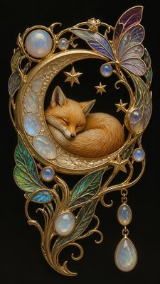 a sleeping baby fox curled on a crescent moon among soft stars, gentle and warm, no text