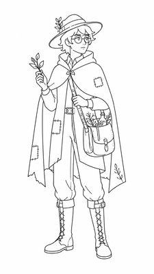 full-body original character: a wandering botanist with a satchel of plants, a patched green cloak, tall boots and round glasses, neutral background