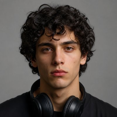 head-and-shoulders portrait of an original character: a young man with curly dark hair and headphones around his neck, plain backdrop, no text