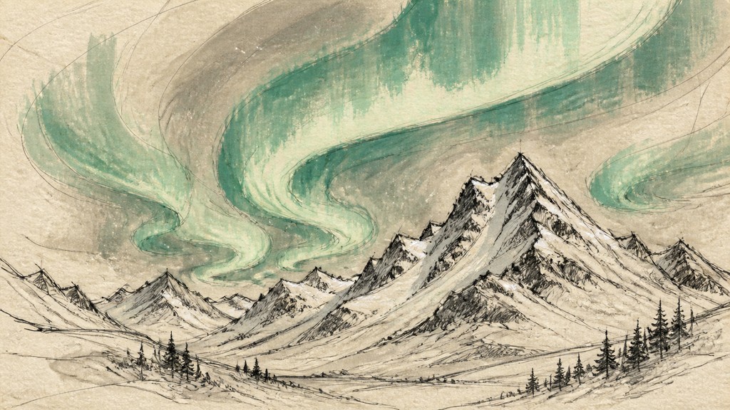 a flowing aurora over snowy peaks, wide sweeping composition, no people, no text